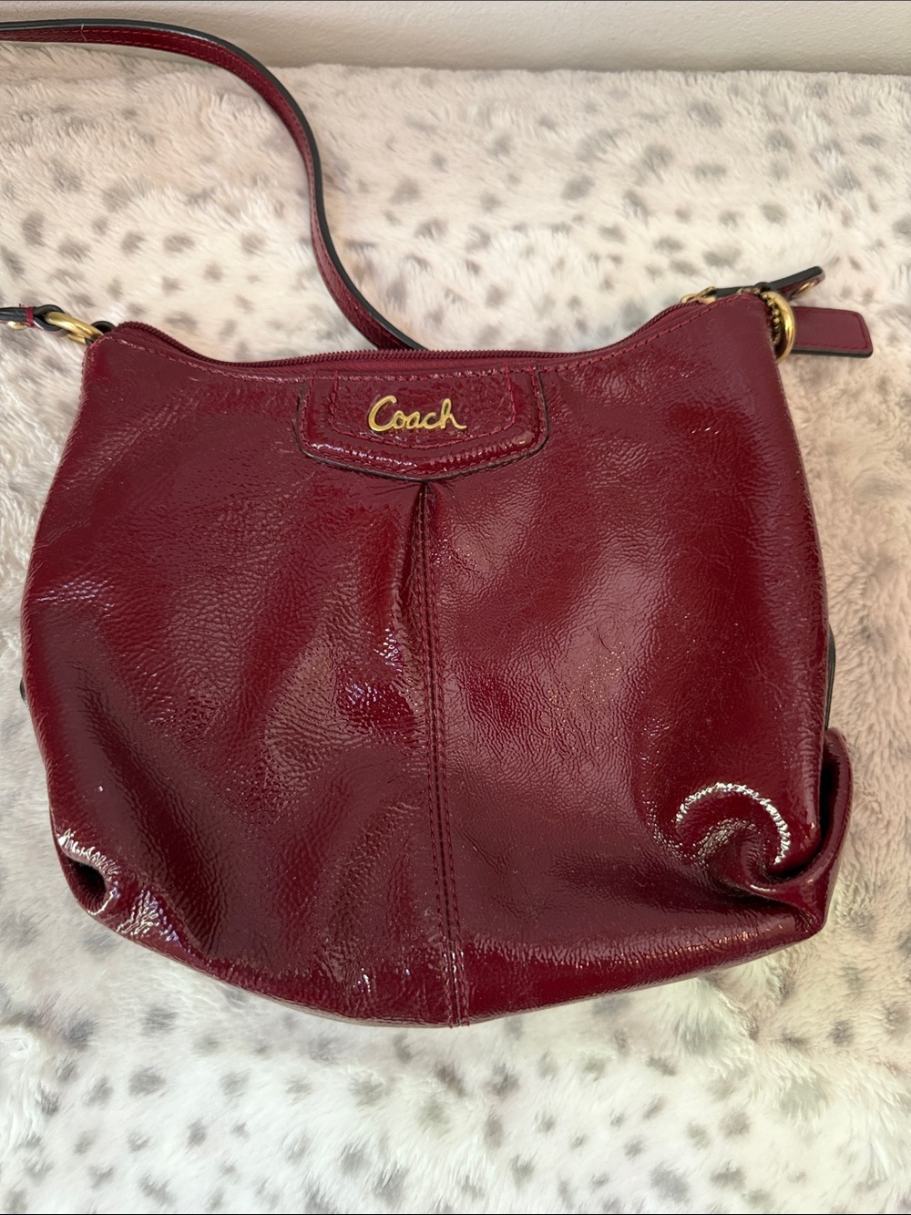Coach Cherry Red Patent Leather crossbody Bag with Gold Hardware